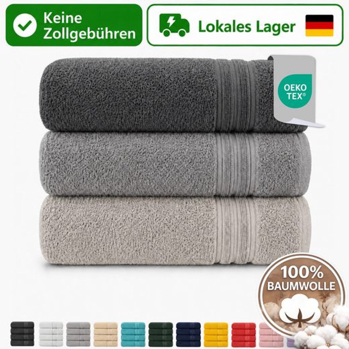 Komfortec Set van 3 Badhanddoek 100x200 cm van 100% Katoen, XXL Saunahanddoek, Grote Douchehanddoek, Zacht & Absorberend, Antraciet&Grijs&Steen