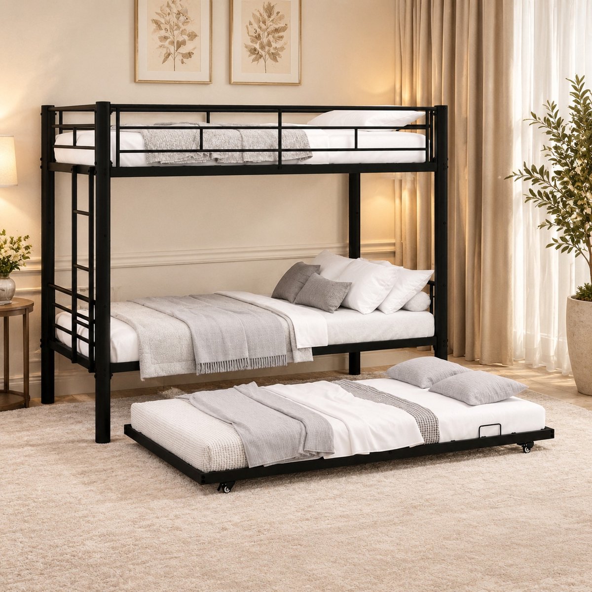 MEUNIQ Stapelbed 90 x 190 cm van metaal – 196 x 103 x 156 cm, veiligheidshekken, antislipladder, om te bouwen tot 2 bedden, zwart