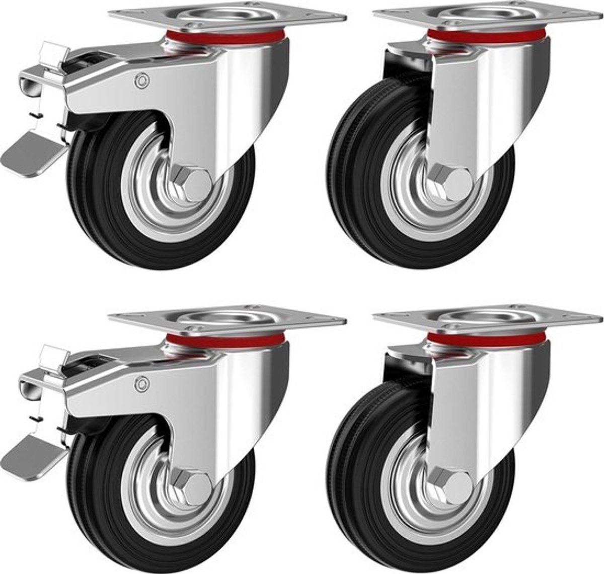 Set van 4 Zware Wielen 100 mm - Zwenkwielen met rem - Massief rubber industriële wielen - Trolley Meubelwielen 130 mm - Geschikt voor binnen en buiten gebruik - Draagvermogen tot 280 kg heavy duty wheel