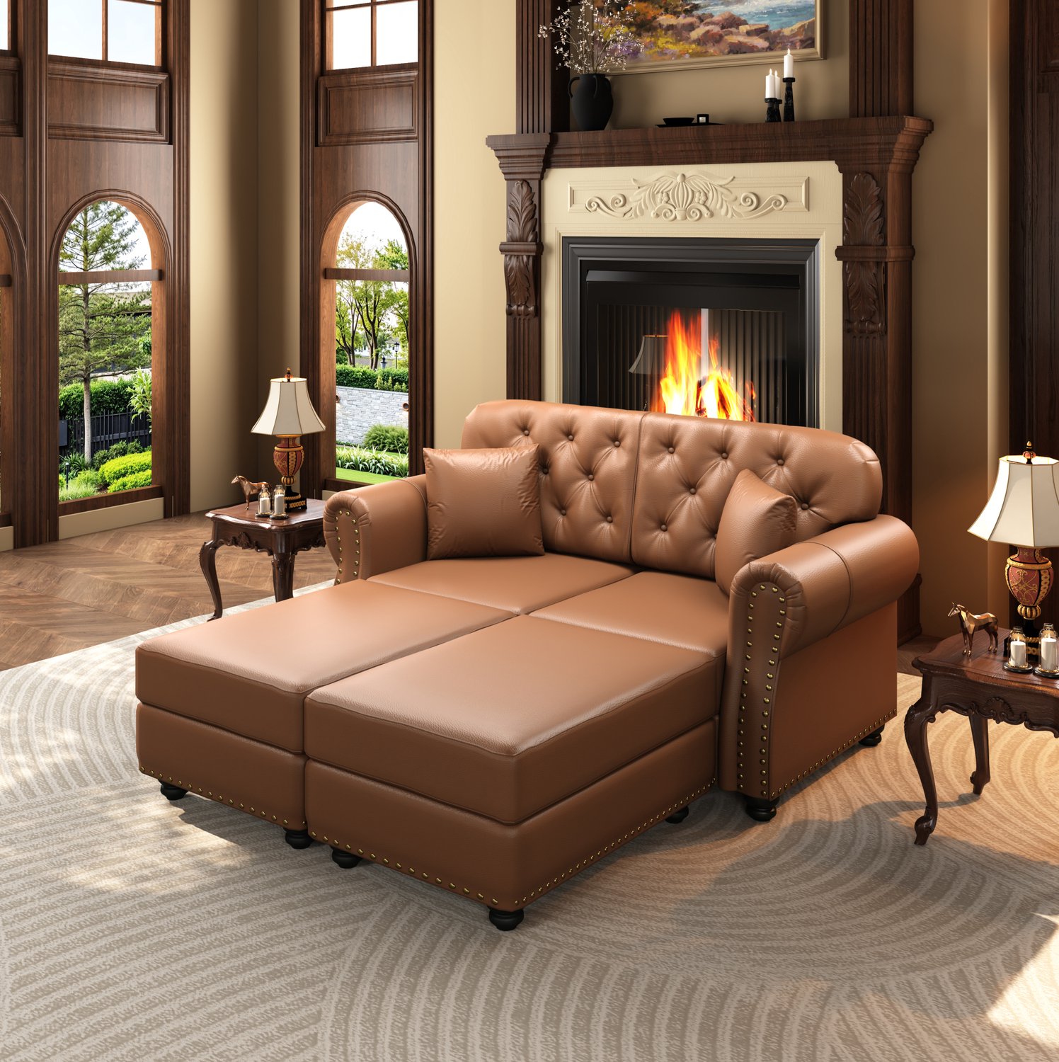 MODENUIT Chesterfield Bank 160 x 76 x 86 cm - 2 Zitplaatsen Met 2 Hockers - Woonkamer - Kunstleer - Bruin