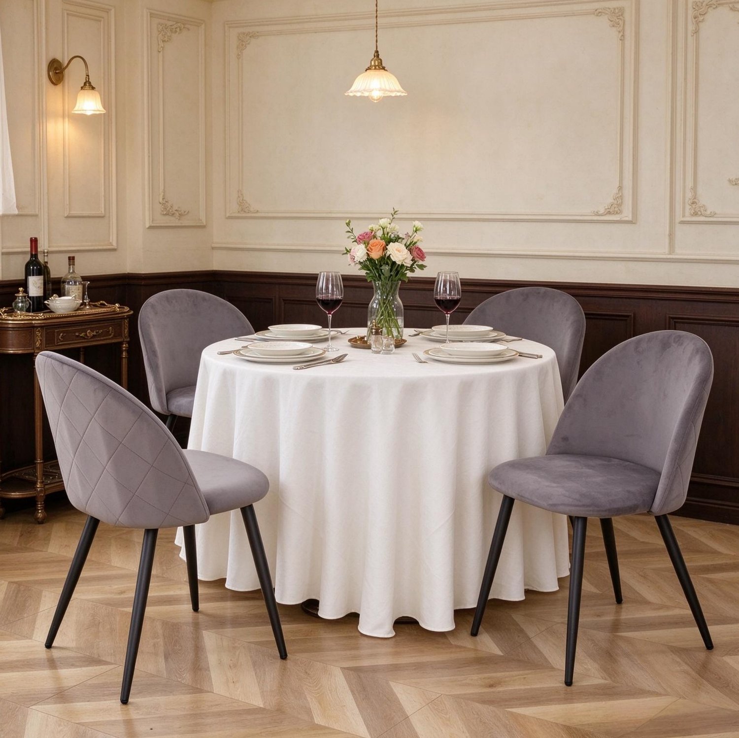 STILVORA Eetkamerstoelen - Set van 4 - Gebogen Rugleuning en Zachte Zitting - Voor Eetkamer en Keuken - Fluweel en Metaal - Grijs