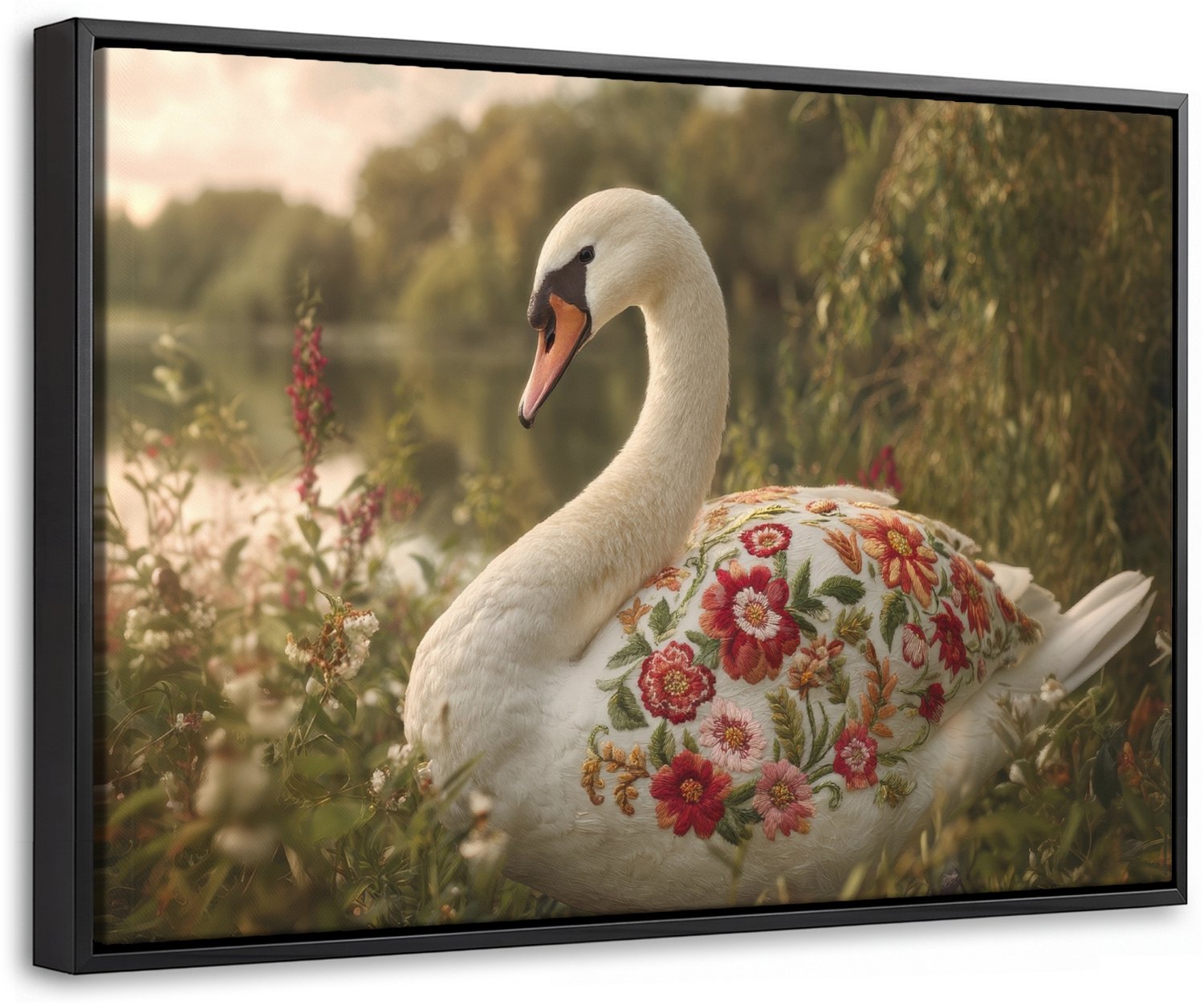 Canvas Schilderij met Baklijst 30x20cm - Zwaan - Bloemen - Natuur - Muurdecoratie woonkamer - Slaapkamer decoratie - Kamer accessoires - Schilderijen op canvas met lijst