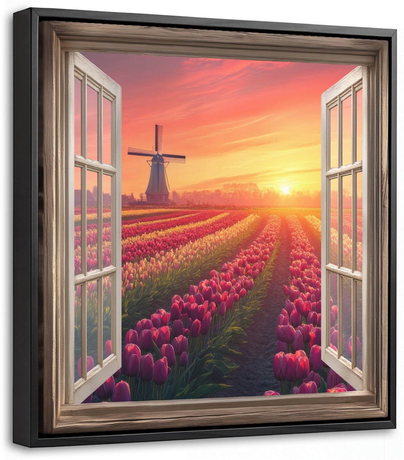 Canvas Schilderij met Baklijst 20x20cm - Doorkijk - Tulpen - Zonsondergang - Bloemen - Kleurrijk - Muurdecoratie woonkamer - Slaapkamer decoratie - Kamer accessoires - Schilderijen op canvas met lijst