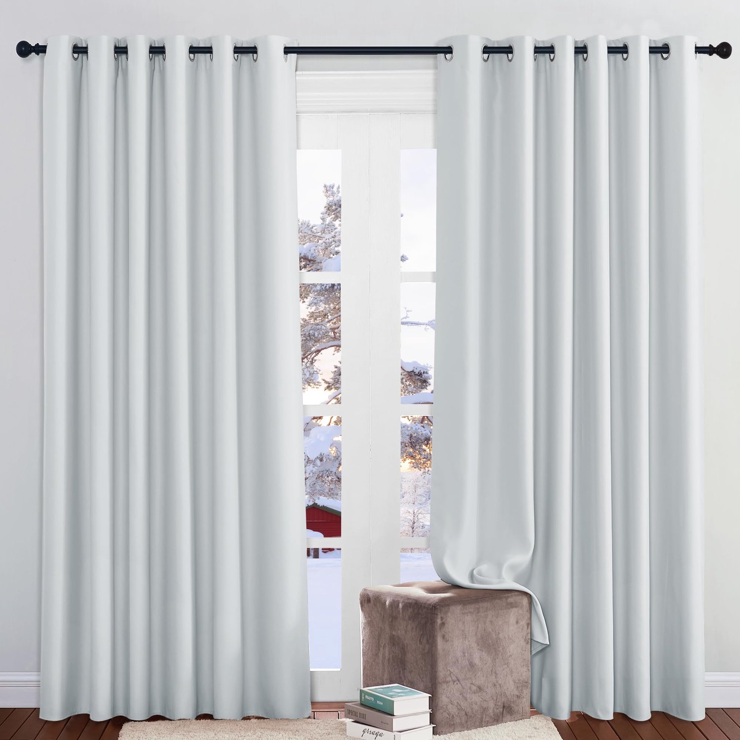 Famanu Thermo-verduisteringsgordijnen, 2 stuks, ondoorzichtig met oogjes, geluidsisolatie, eenvoudig op te hangen, 200 x 210 cm, grijs/wit, voor comfort en privacy in elke ruimte