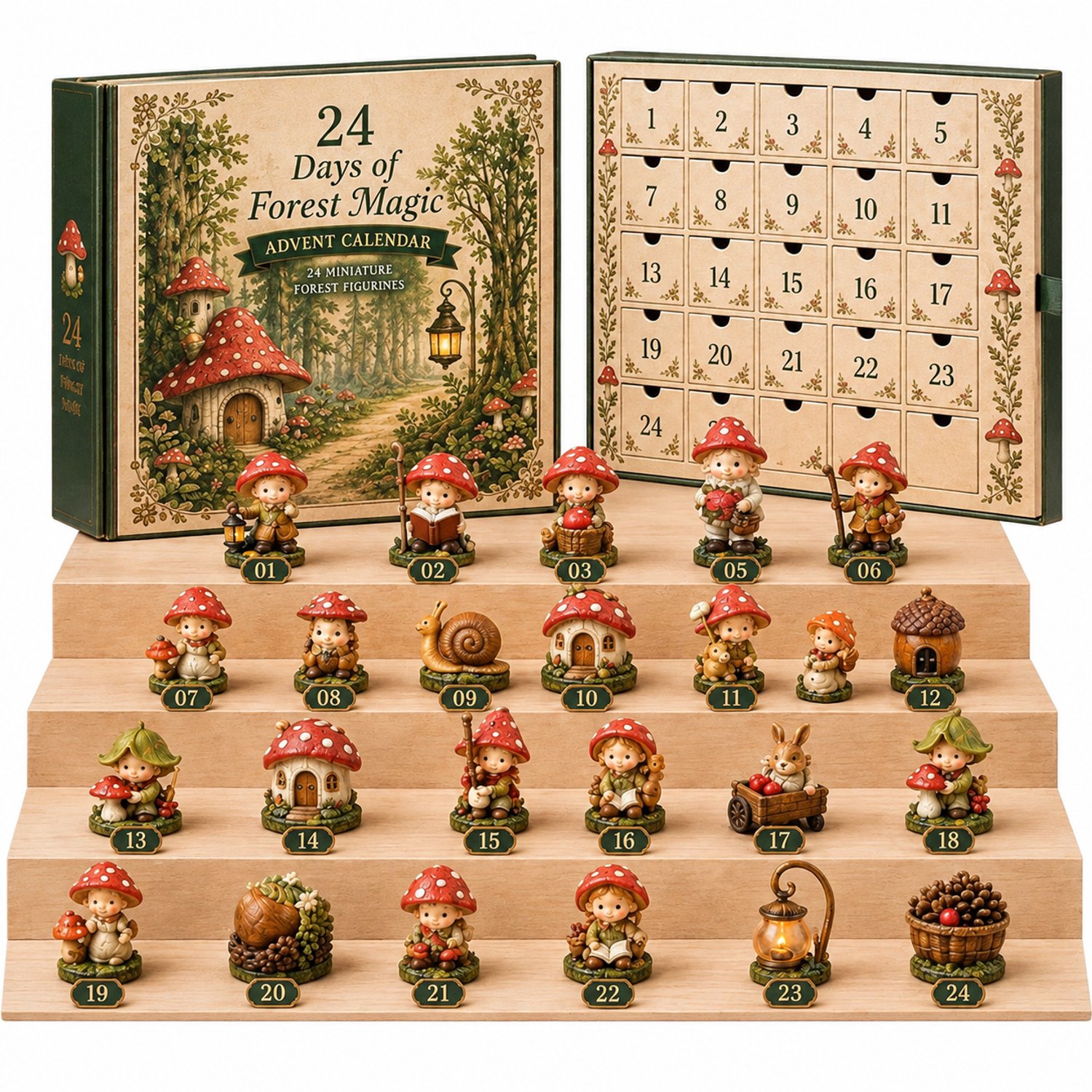 Adventskalender met paddenstoelenelfjes, 24 dagen en 24 bosminiaturen, 26 x 18 x 3 cm
