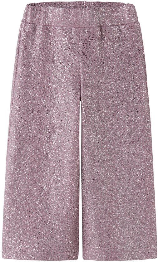 Roze glitterbroek met wijde pijpen en een elastische tailleband.