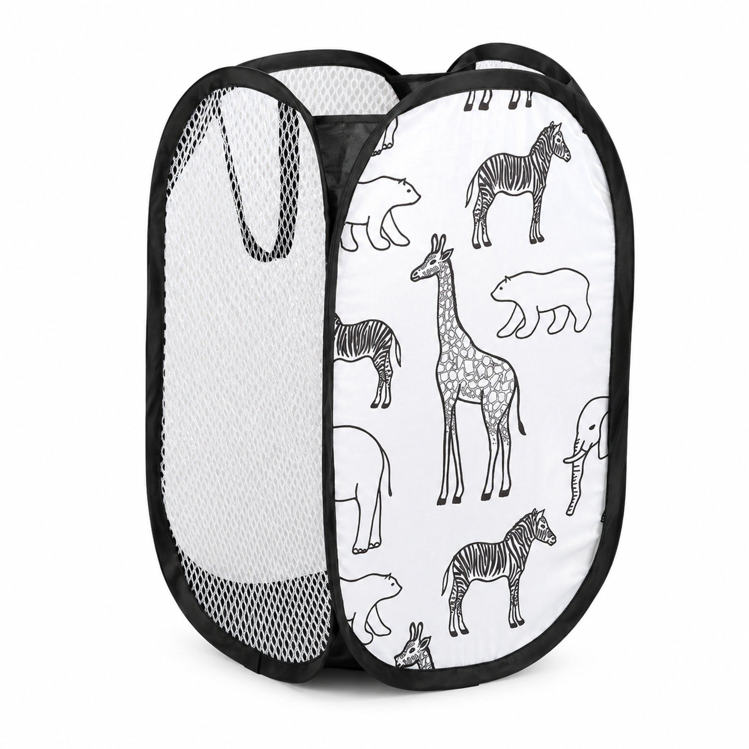 Opvouwbare wasmand met drie meshzijden, handgrepen en giraffenprint - zwarte rand