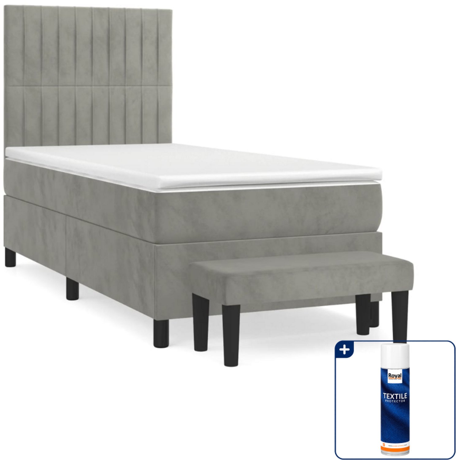 vidaXL boxspring met matras en bankje - 90 x 190 cm - lichtgrijs - Inclusief textielbeschermer 500 ml