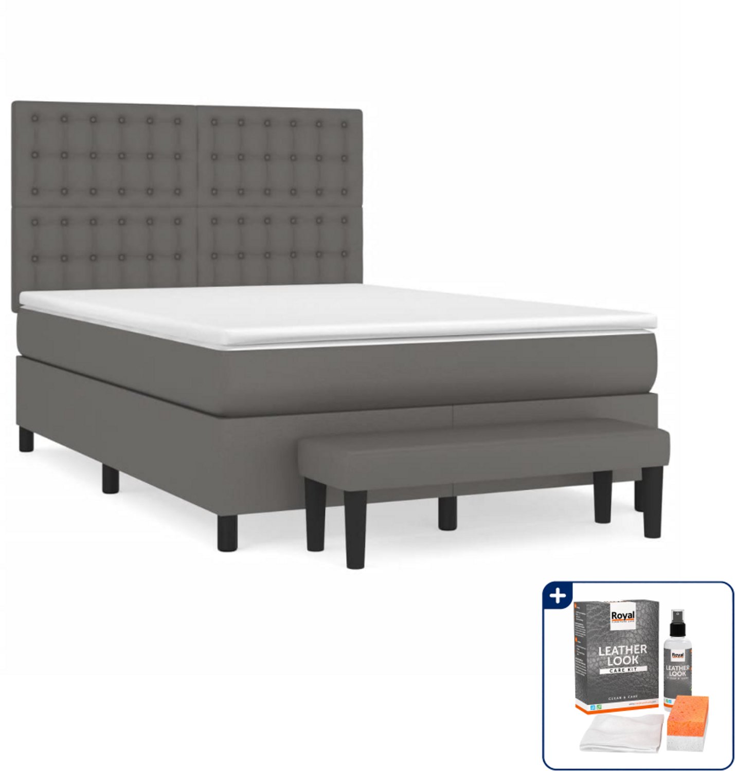 vidaXL boxspring met matras - Small double - 140 x 200 cm - grijs - Inclusief onderhoudsset voor kunstleer 150 ml
