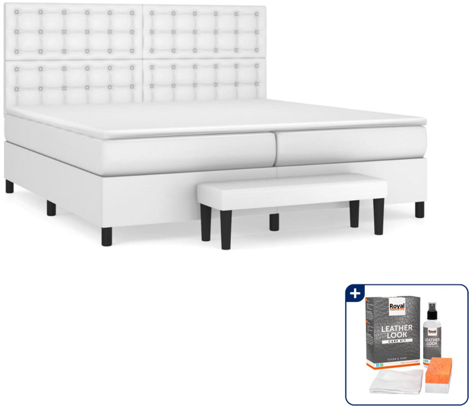 vidaXL Boxspring met matras en bankje - 200 x 200 cm - wit - Inclusief onderhoudsset voor kunstleer 150 ml