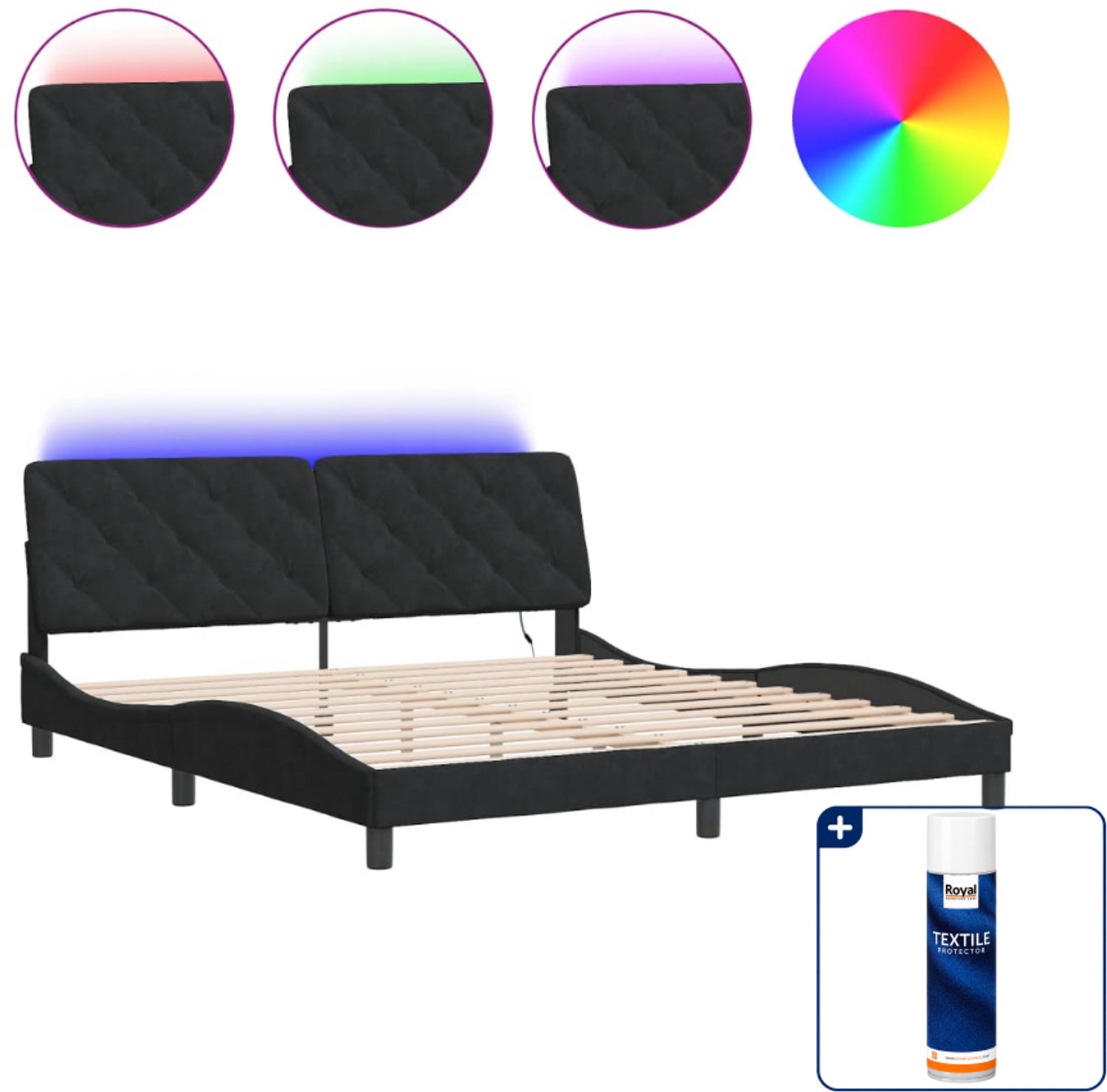 vidaXL Bedframe met LED - Kingsize - 180 x 200 cm - fluweel zwart - Inclusief textielbeschermer 500 ml