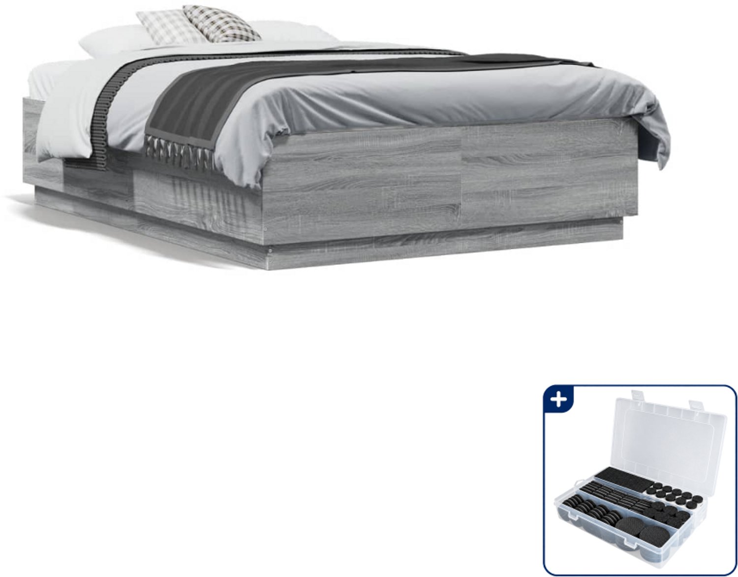 vidaXL bedframe 140 x 190 cm - bewerkt hout - grijs sonoma - Inclusief antikrasvilt 177-delig