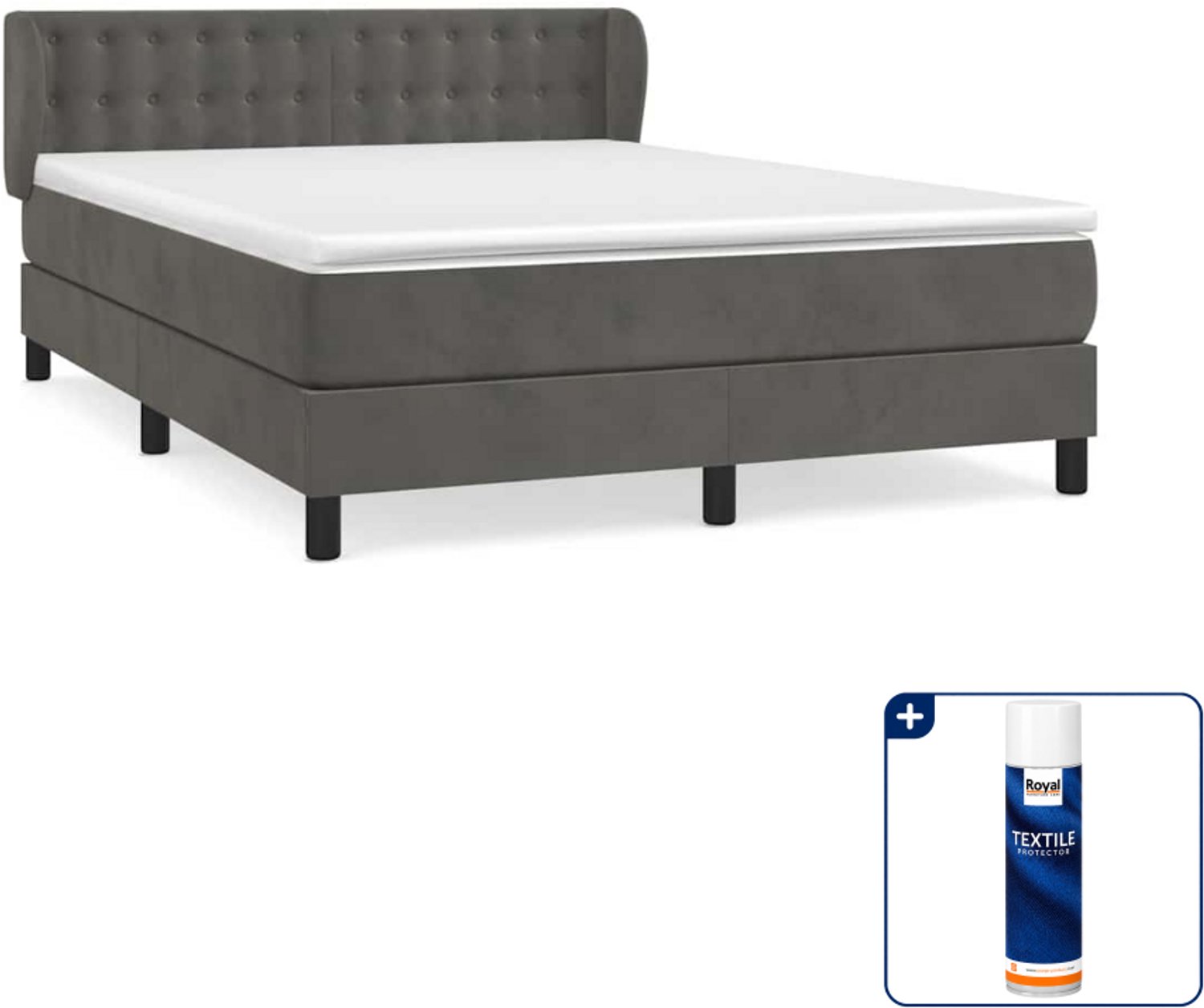 vidaXL boxspring met matras - 140 x 190 cm - fluweel - donkergrijs - Inclusief textielbeschermer 500 ml