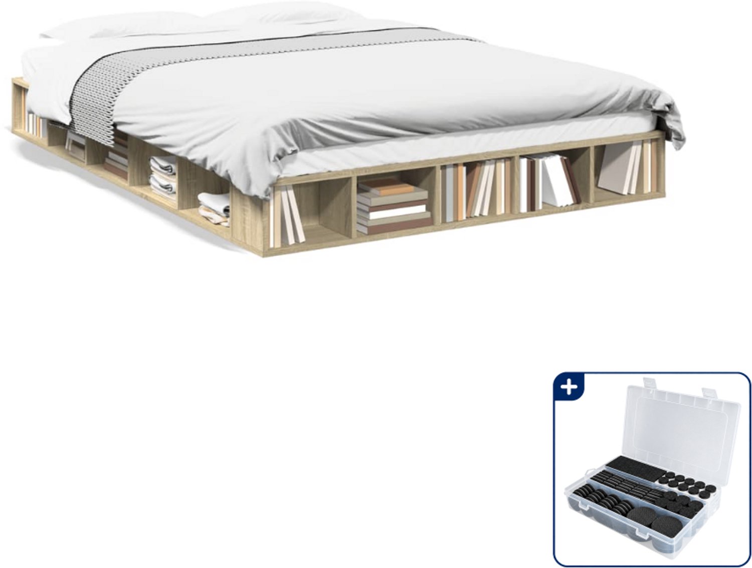 vidaXL Small double bedframe - 140 x 200 cm - bewerkt hout - sonoma eiken - Inclusief antikrasvilt 177-delig Bruin