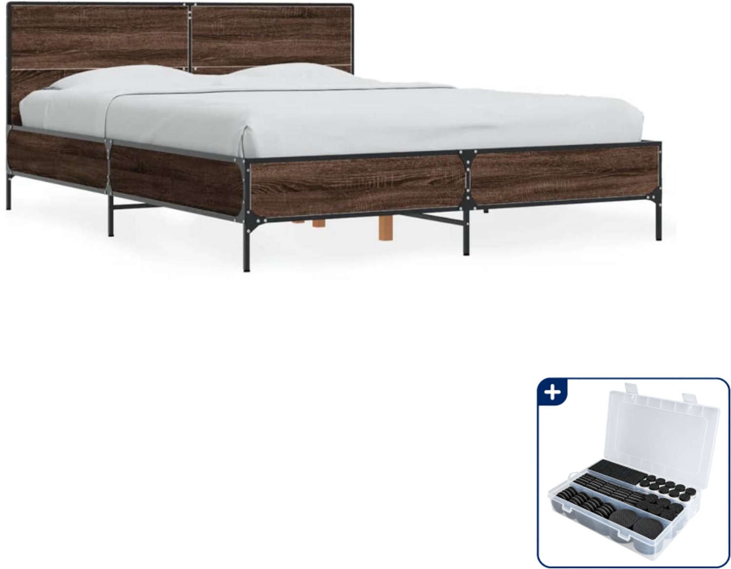 vidaXL bedframe - 135 x 190 cm - bewerkt hout en metaal - bruineiken - Inclusief antikrasvilt 177-delig Wit