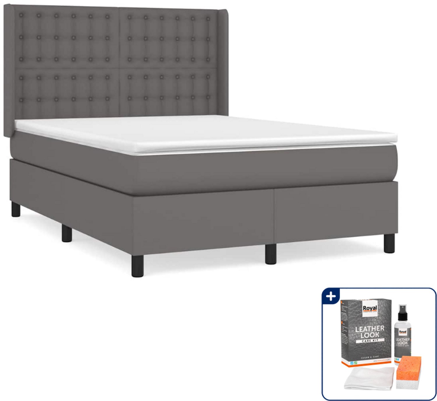 vidaXL boxspring met matras 140 x 190 cm - kunstleer - grijs - Inclusief onderhoudsset voor kunstleer 150 ml