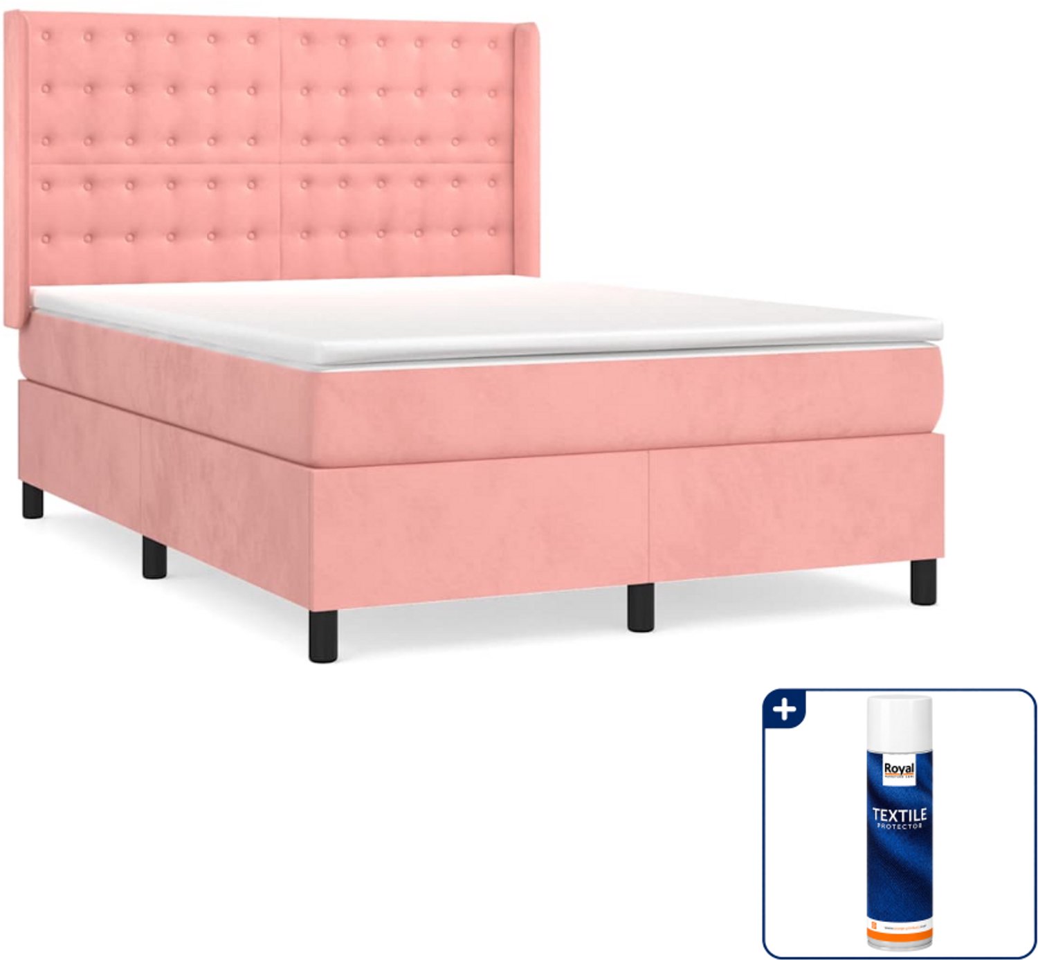 vidaXL boxspring met matras 140 x 190 cm - fluweel - roze - Inclusief textielbeschermer 500 ml