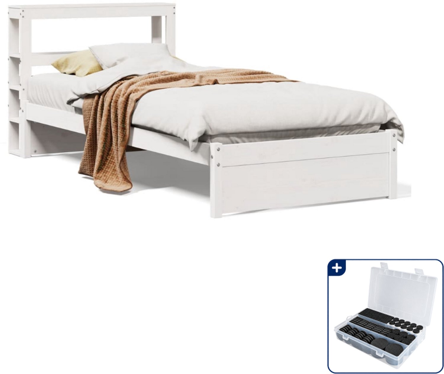 vidaXL Bedframe met hoofdbord - 75 x 190 cm - massief grenenhout - wit - Inclusief antikrasvilt 177-delig
