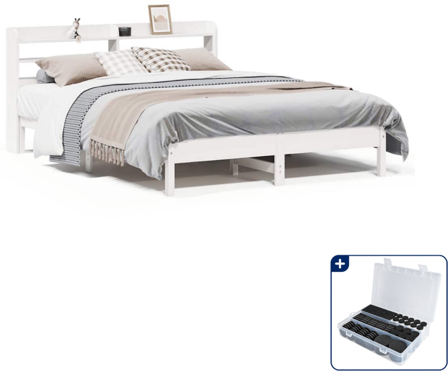 vidaXL bedframe - Small double - 140 x 200 cm - massief grenenhout - wit - Inclusief antikrasvilt 177-delig Bruin