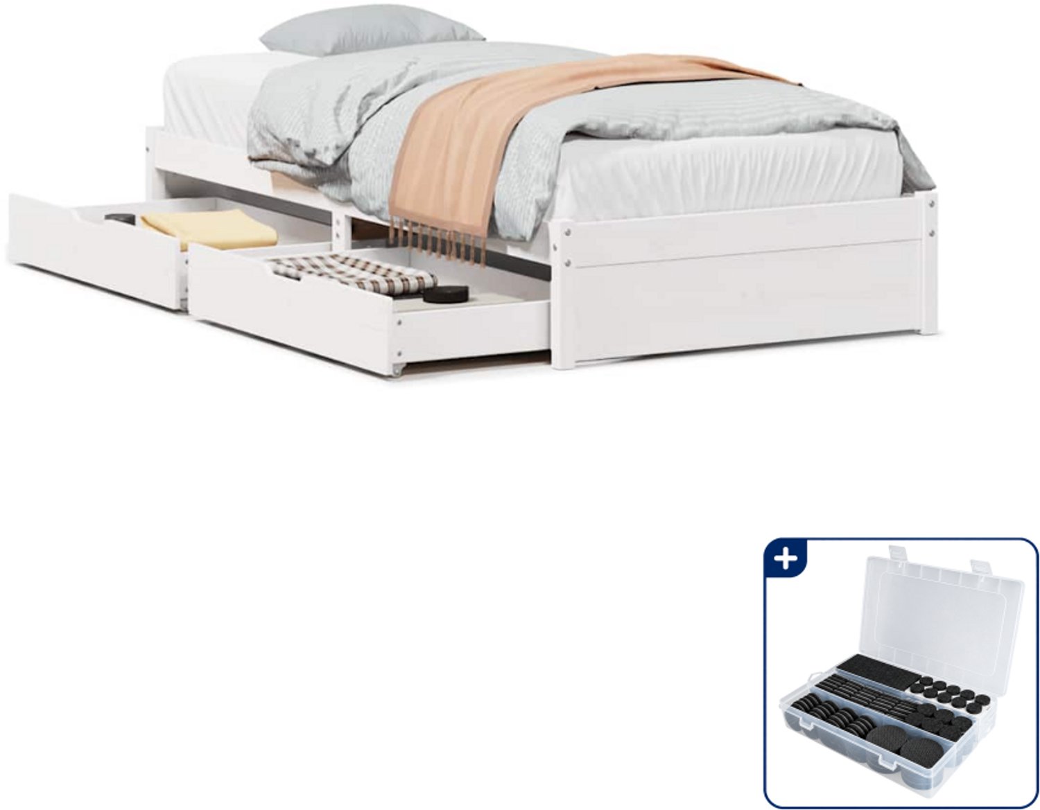 vidaXL bedframe met 2 lades - 75 x 190 cm - massief grenenhout - wit - Inclusief antikrasvilt 177-delig
