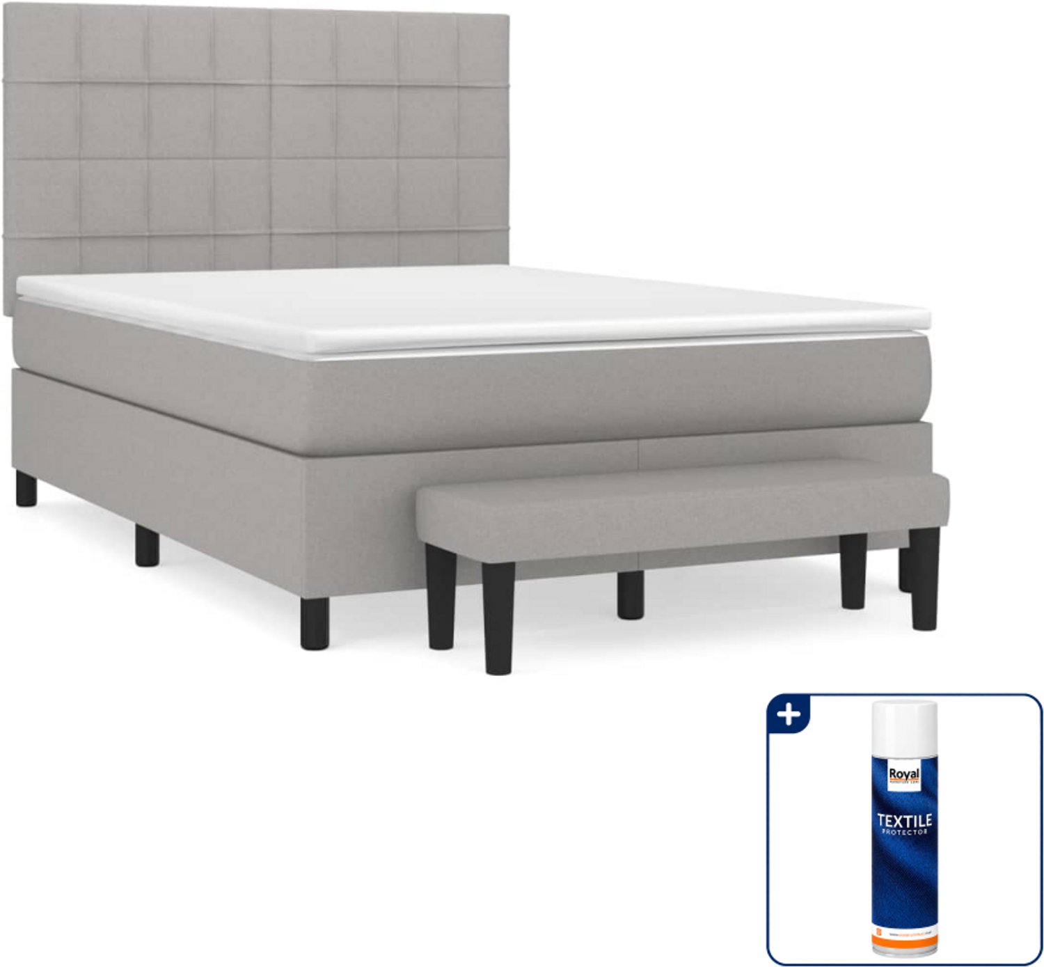 vidaXL boxspring met matras en bankje - 140 x 190 cm - stof - lichtgrijs - Inclusief textielbeschermer 500 ml