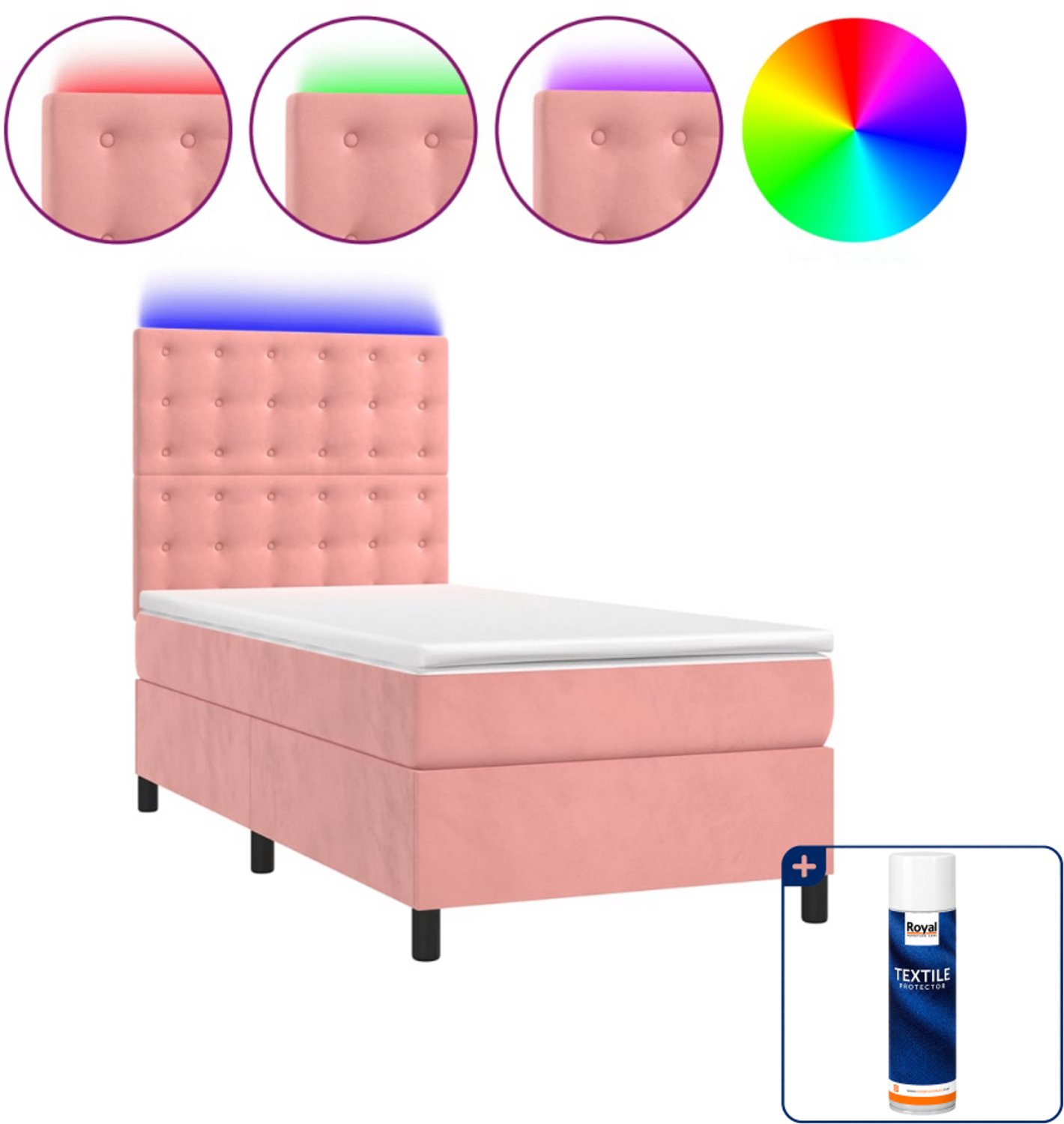 vidaXL boxspring met matras en led - 80 x 200 cm - fluweel - roze - Inclusief textielbeschermer 500 ml