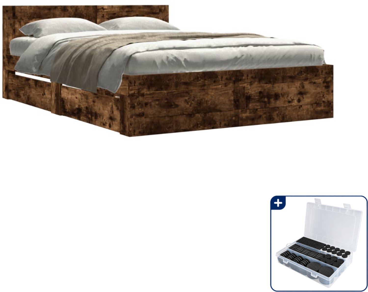 vidaXL Bedframe Small double - 140 x 200 cm - bewerkt hout - gerookt eiken - Inclusief antikrasvilt 177-delig Wit