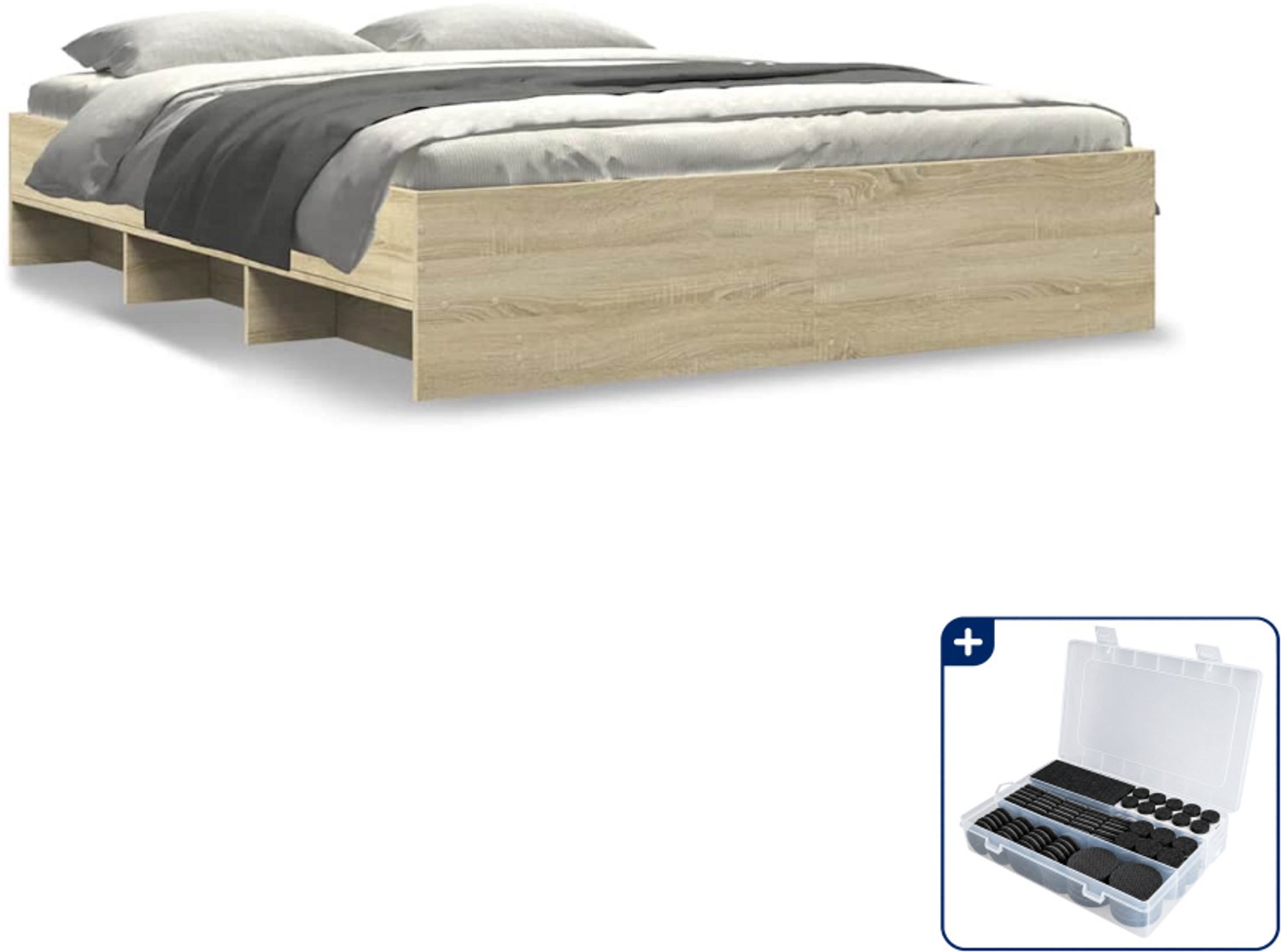 vidaXL bedframe - 150 x 200 cm - bewerkt hout - sonoma eiken - Inclusief antikrasvilt 177-delig Wit