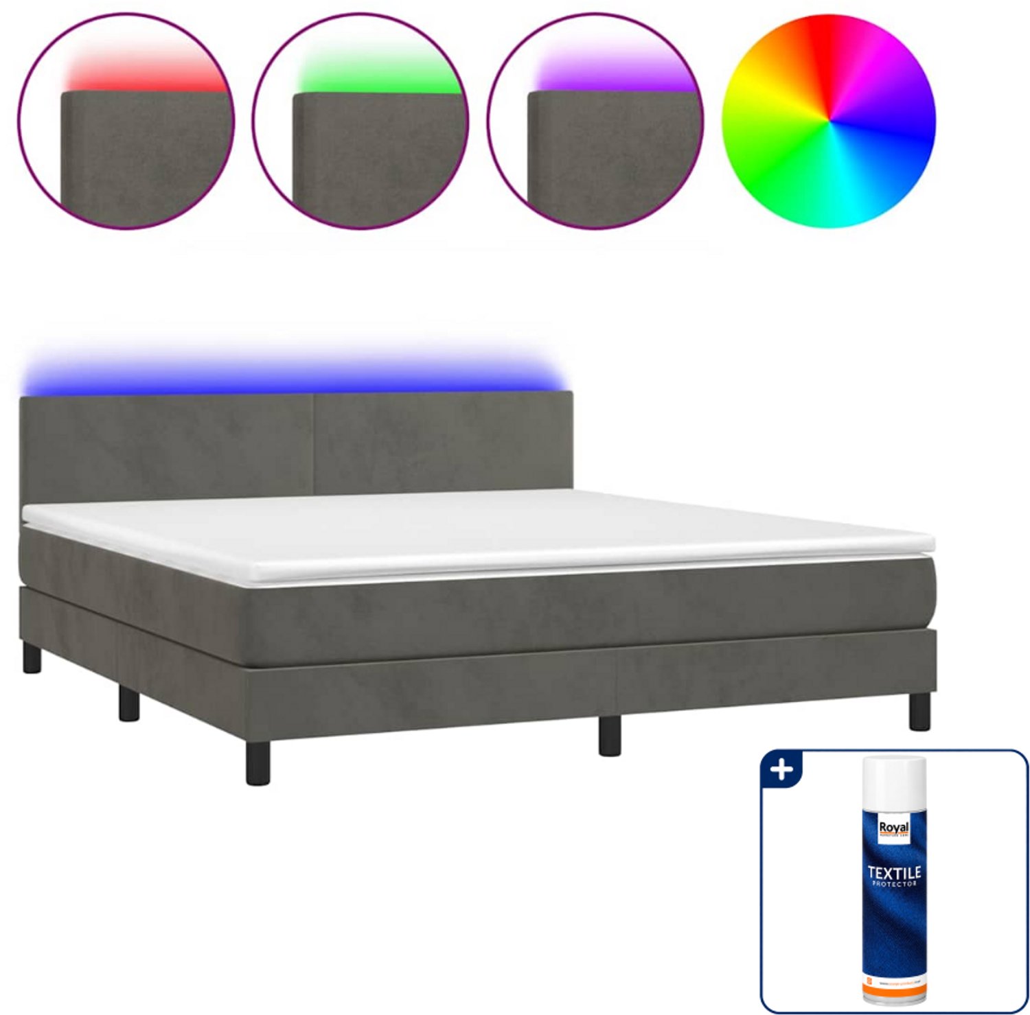 vidaXL Kingsize boxspring met matras en LED - 180 x 200 cm - fluweel - donkergrijs - Inclusief textielbeschermer 500 ml