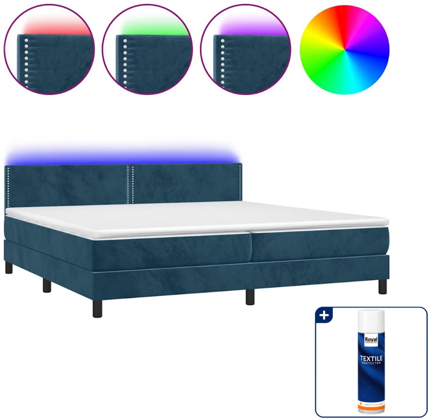 vidaXL Boxspring met matras en LED - 200 x 200 cm - fluweel - donkerblauw - Inclusief textielbeschermer 500 ml
