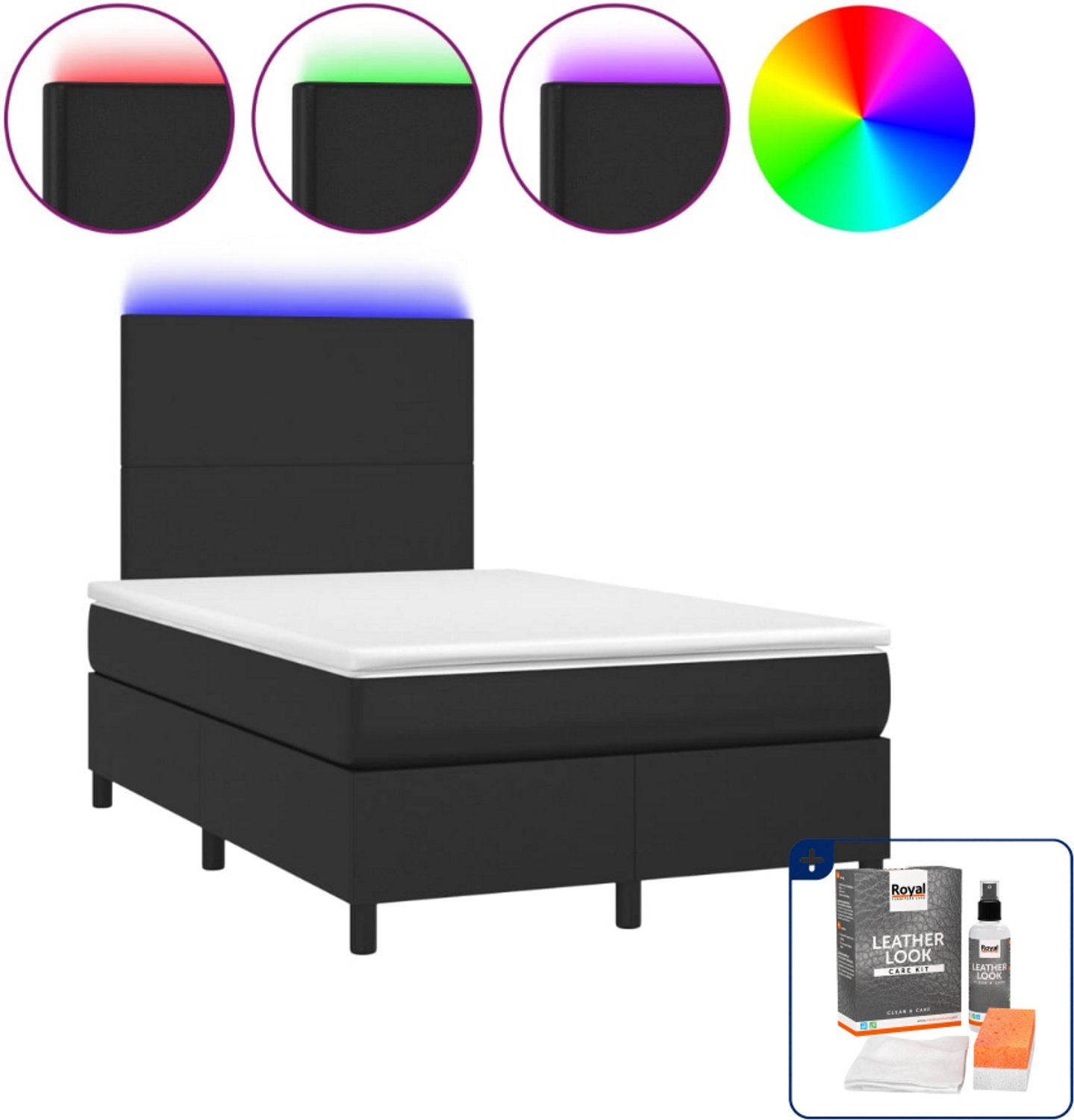 vidaXL boxspring met matras en LED - 120 x 200 cm - kunstleer - zwart - Inclusief onderhoudsset voor kunstleer 150 ml