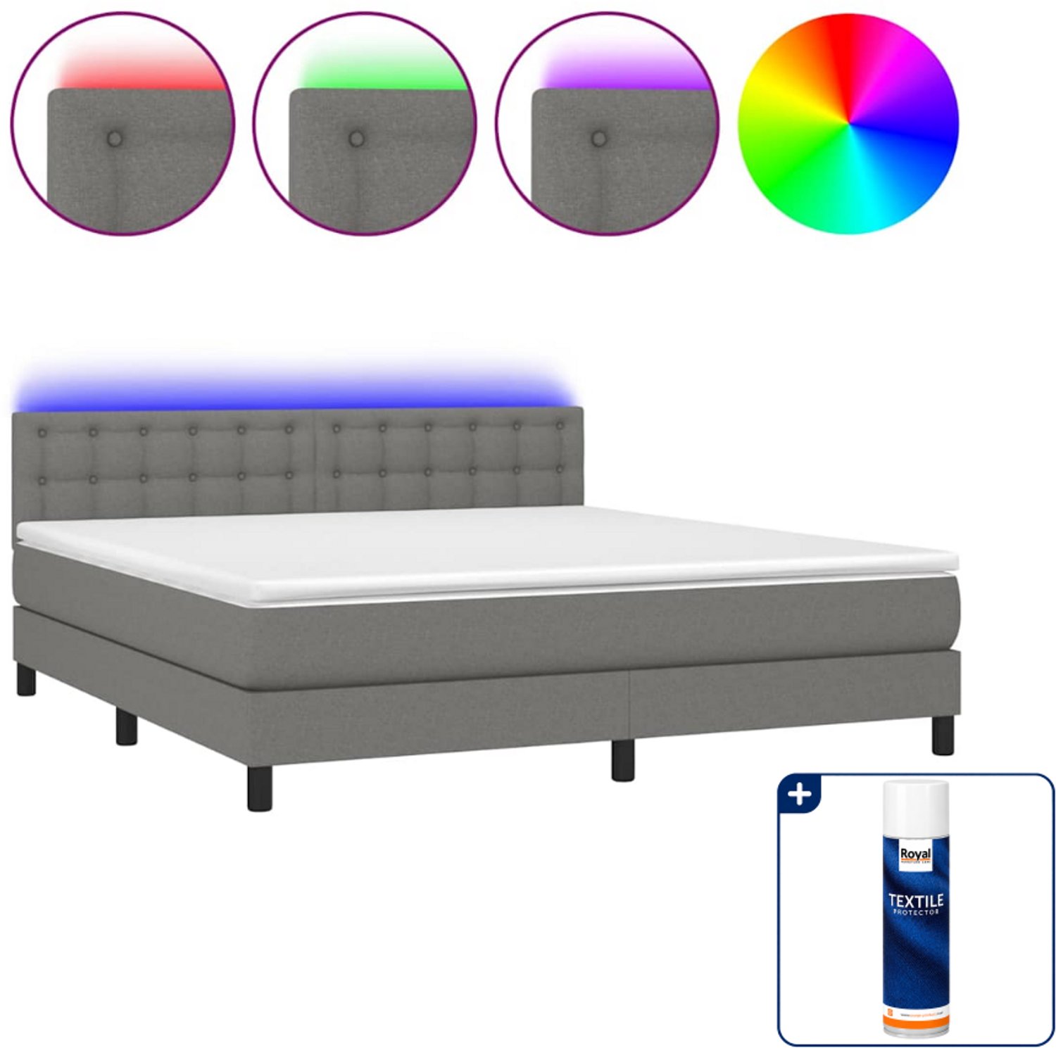 vidaXL boxspring met matras en LED - queensize - 160 x 200 cm - donkergrijs - Inclusief textielbeschermer 500 ml