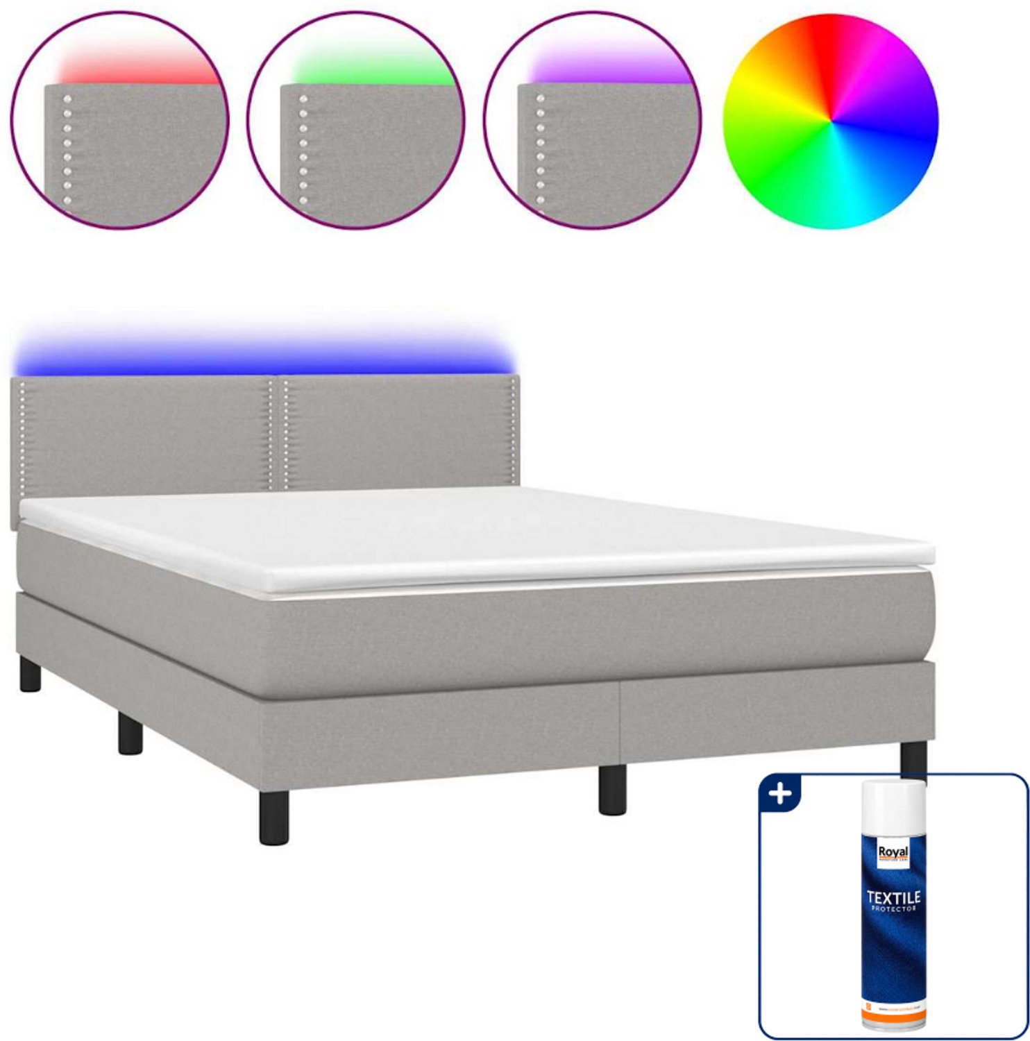 vidaXL boxspring met matras en LED - 140 x 190 cm - lichtgrijs - Inclusief textielbeschermer 500 ml