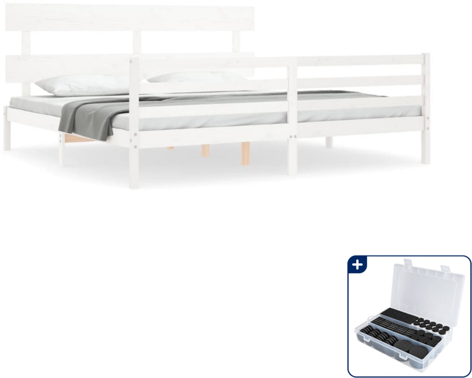 vidaXL bedframe met hoofdbord - 200 x 200 cm - massief grenenhout - wit - Inclusief antikrasvilt 177-delig
