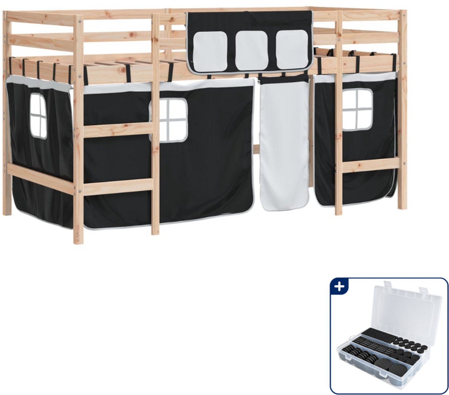 vidaXL kinderhoogslaper met gordijnen - 80 x 200 cm - grenenhout - Inclusief antikrasvilt 177-delig Grijs