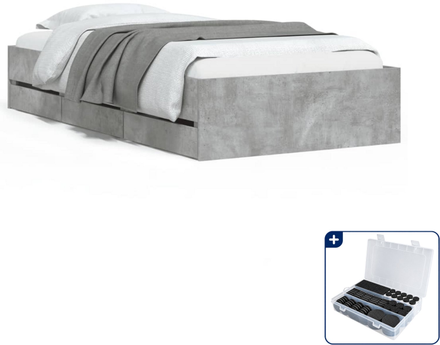 vidaXL Bedframe - 90 x 190 cm - bewerkt hout - betongrijs - Inclusief antikrasvilt 177-delig Crème