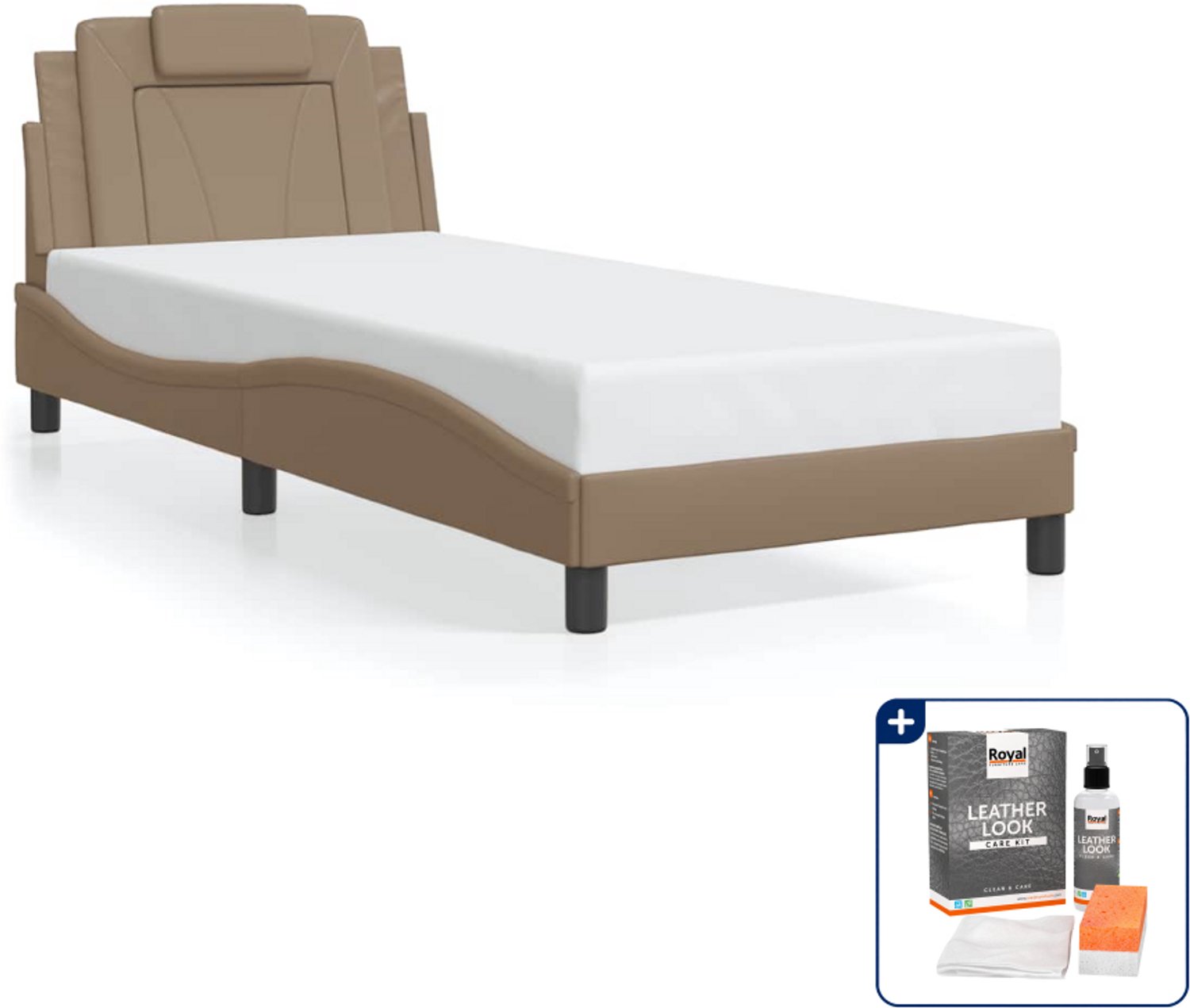 vidaXL Viana bedframe - 90 x 200 cm - kunstleer - cappuccino - Inclusief onderhoudsset voor kunstleer 150 ml Zwart