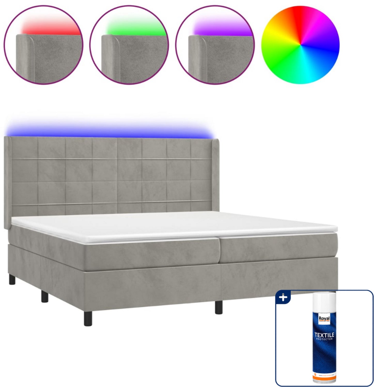 vidaXL Boxspring met matras en LED - 200x200 cm - fluweel - lichtgrijs - Inclusief textielbeschermer 500 ml