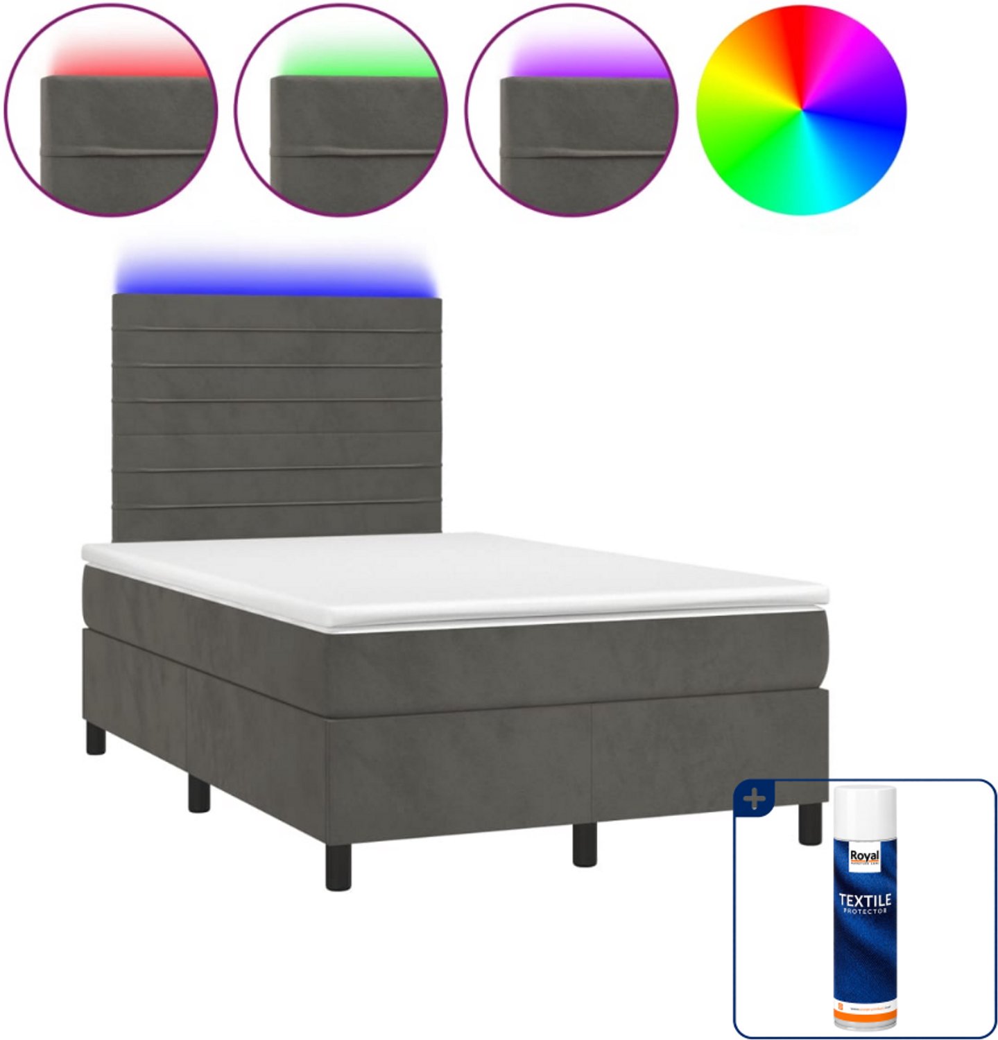 vidaXL boxspring met matras en led - 120 x 190 cm - fluweel - donkergrijs - Inclusief textielbeschermer 500 ml