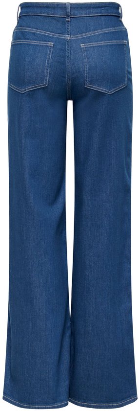 Achterzijde van donkerblauwe ONLY jeans met wijde pijpen, hoge taille en twee achterzakken.