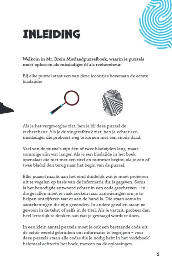 Pagina 5, 'Inleiding': uitleg van iconen zoals een vergrootglas en vingerafdruk voor het misdaadpuzzelboek.