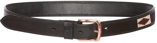 Bruine lederen riem van HV Polo met roségouden gesp en subtiele kralendetails aan de zijkant.