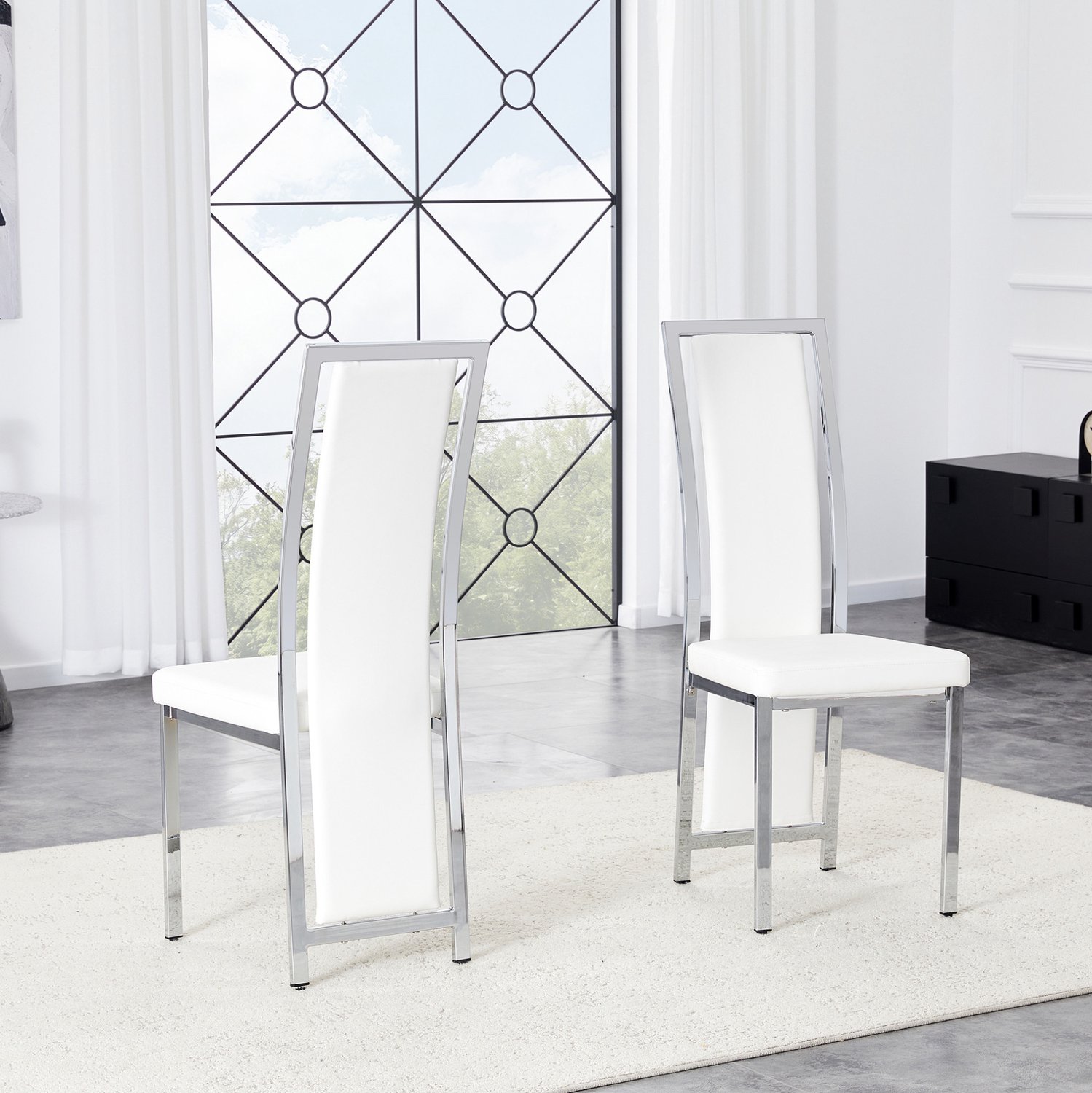 MODENUIT Eetkamerstoel 44 x 42,7 x 109 cm - Hoge Rugleuning, Set van 2 - Eetkamer - Metaal - Wit en Zilver
