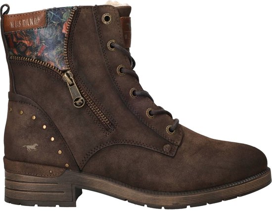 Bruine Mustang veterlaarzen, gevoerd, met een bloemenprint bovenrand, rits en studs.