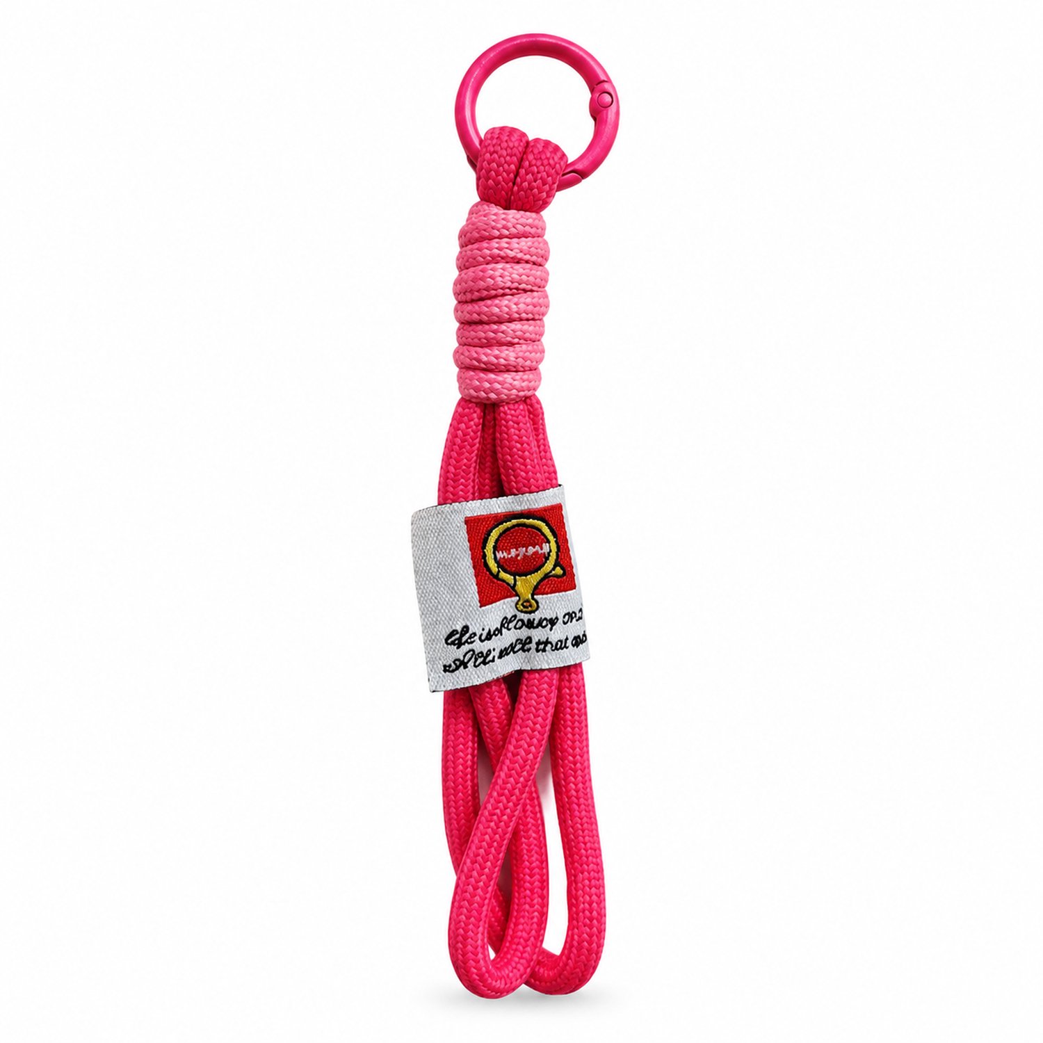 sleutelhanger met handgemaakt polyester polskoord, fuchsia met roze wikkeling en ronde sluitring