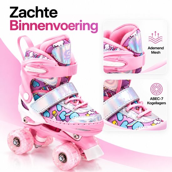 Roze rolschaats met comfortabele binnenvoering, ademende mesh-stof en ABEC-7 kogellagers.