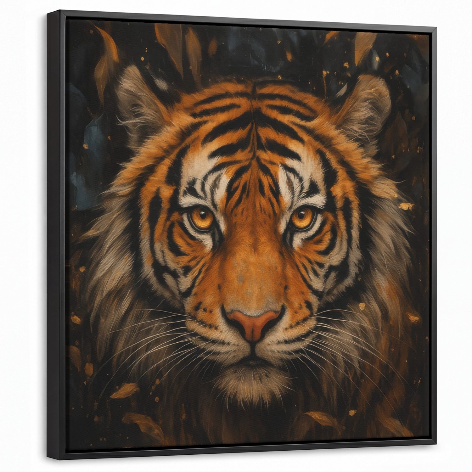 Canvas Schilderij met Baklijst 50x50cm - Bladeren - Tijger - Oranje - Muurdecoratie woonkamer - Slaapkamer decoratie - Kamer accessoires - Schilderijen op canvas met lijst