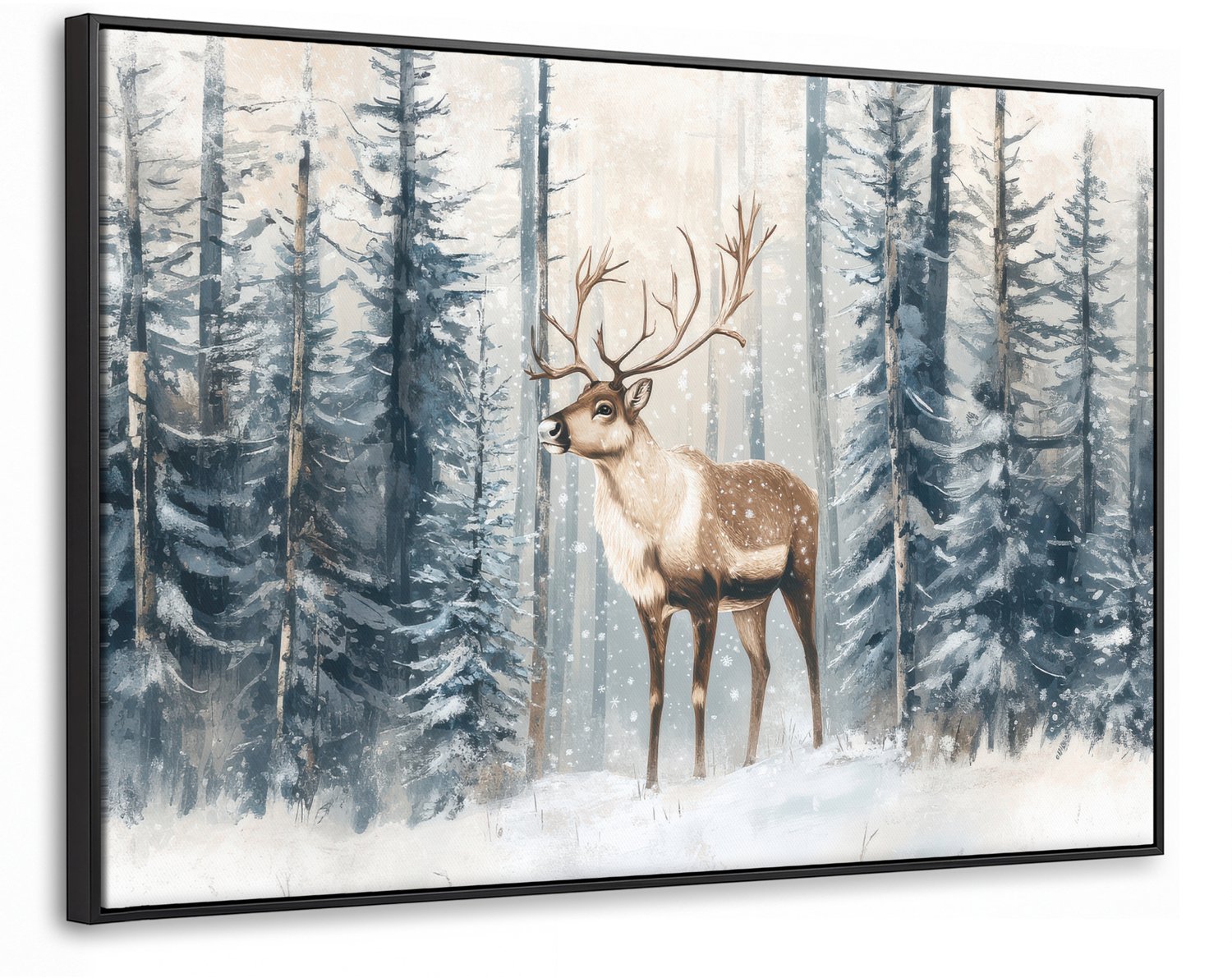 Canvas Schilderij met Baklijst XXL Canvas Schilderij met Baklijst 150x100cm - Rendier - Sneeuw - Woud - Wit - Muurdecoratie woonkamer - Slaapkamer decoratie - Kamer accessoires - Schilderijen op canvas met lijst groot
