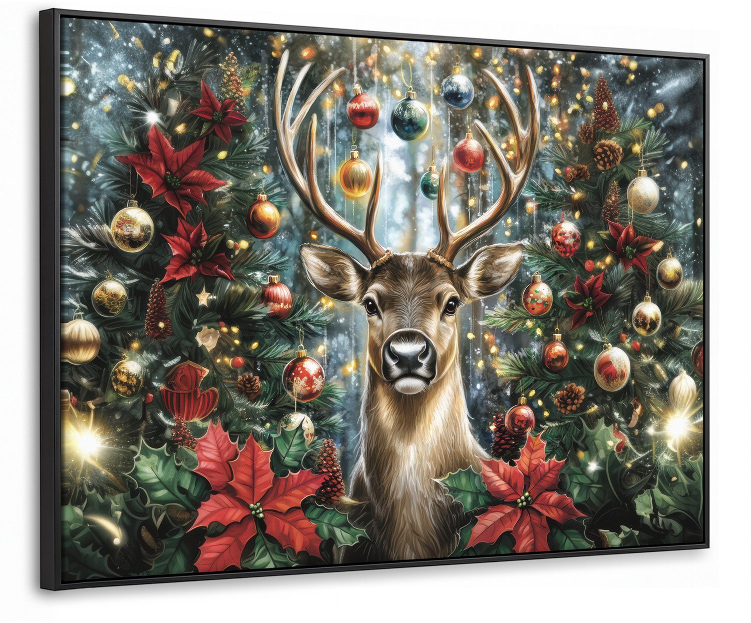 Canvas Schilderij met Baklijst 70x50cm - Kerstfeest - Dennenbos - Rood - Muurdecoratie woonkamer - Slaapkamer decoratie - Kamer accessoires - Schilderijen op canvas met lijst