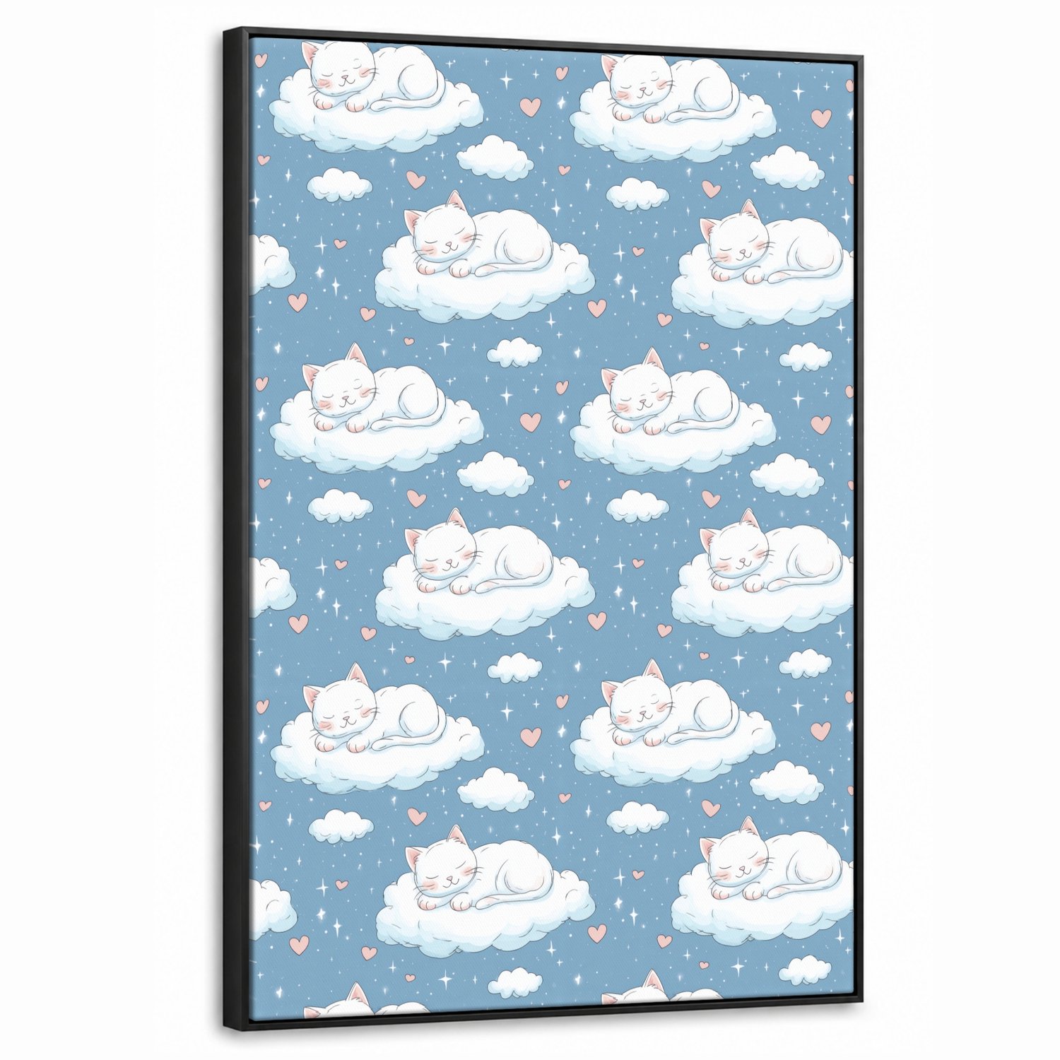 Canvas Schilderij met Baklijst 60x90cm - Kitten - Wolken - Blauw - Muurdecoratie woonkamer - Slaapkamer decoratie - Kamer accessoires - Schilderijen op canvas met lijst